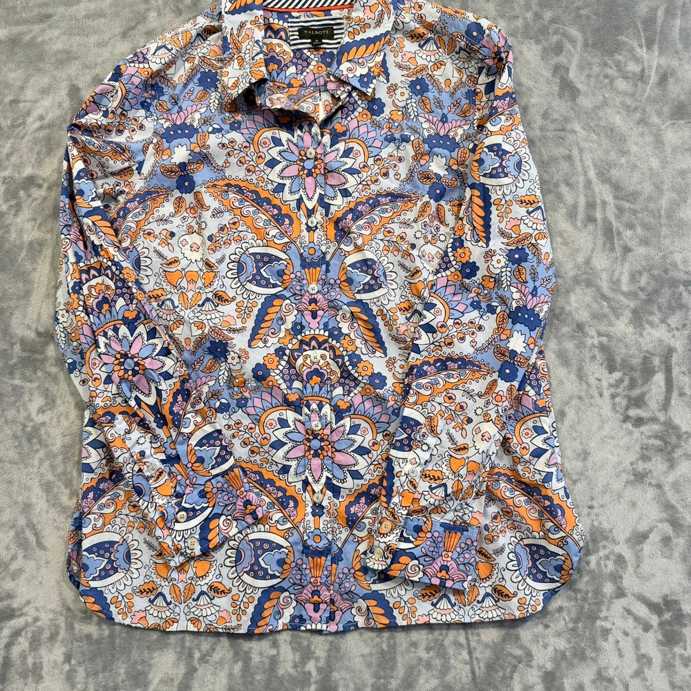 Talbots Womens Shirt Paisley Floral Long Sleeve Button Front Blue Orange Size M